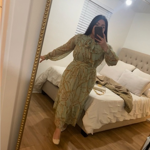 Lauren Ralph Lauren Womens Green Georgette Printed Tie Neck Midi Dress - Picture 3 of 4